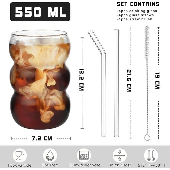Verres à Boire En Verre 750 Ml BARGRIN - Lot De 2, Forme Bouteille Coupée, Pour Boissons Froides, Avec Porte-verre