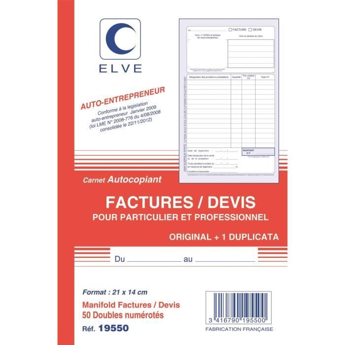 Lot De 5 Manifold Factures Auto-Entrepreneur - 21x14,8 Cm - 50 Dupli Autocopiant - Exacompta