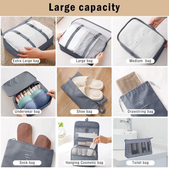 Set De 10 Organisateurs De Valise - Cubes De Rangement Voyage Pour Vêtements, Chaussures, Cosmétiques - Beige