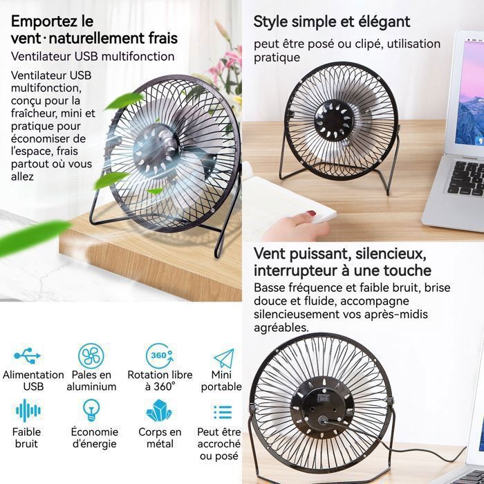 Ventilateur De Bureau USB Mini – 3 Vitesses, Silencieux, Rotation 360°, Portable – Pour Bureau, Maison, Voyage - 10