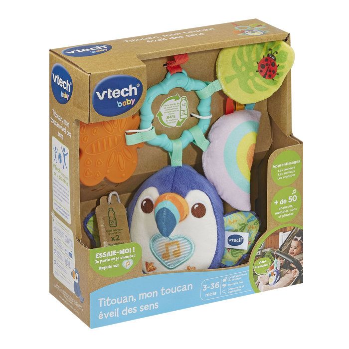 VTech - Titouan, Mon Toucan Éveil des Sens - Jouet d'Activités pour Poussette - Peluche Toucan à Suspendre avec Hochet de Dentition et Jouets Sensoriels - Cadeau Bébé Dès 3 Mois