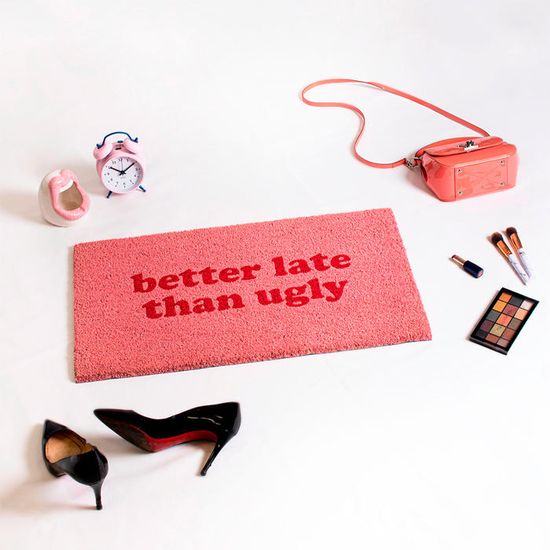 Paillasson Moderne En Noix De Coco 'Better Late' Rose - 70x40 Cm Avec Support Antidérapant Fisura