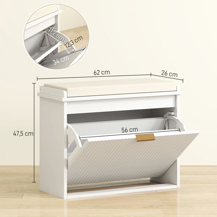 Homcom – Banc d'entrée de rangement avec coussin gris – Meuble à chaussures MDF blanc – Grand tiroir double compartiment – Dimensions 69L x 32l x 40H cm