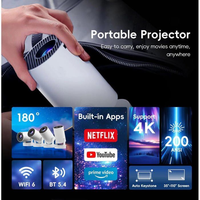 Projecteur 4K Avec WiFi Et Bluetooth Vidéoprojecteur Taille De Projection 30 -300 Pouces Compatible Avec IOS, Android, PC, TV Stick Et PS5 15 000 Lumens