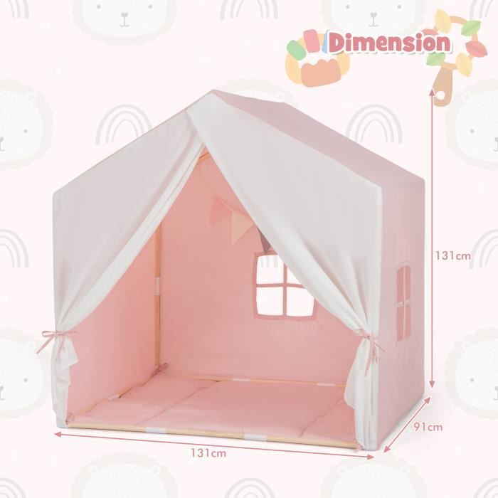 DREAMADE Tente de Jeu Enfants 3+Ans avec Tapis en Coton Lavable,Maison Enfants Intérieur&Extérieur 131x91x131CM avec Bannière de Drapeau&Fenêtres&Rideaux,Cabane Garçons Filles Cadre en Bois (Marron