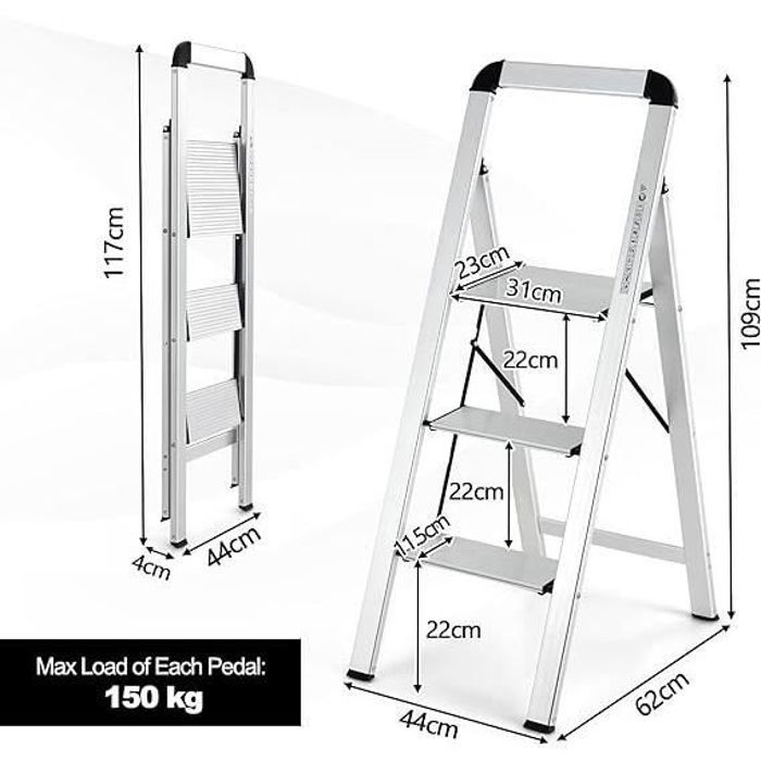 SONGMICS Échelle Domestique 3 Marches, Escabeau, Pliable, en Alliage d