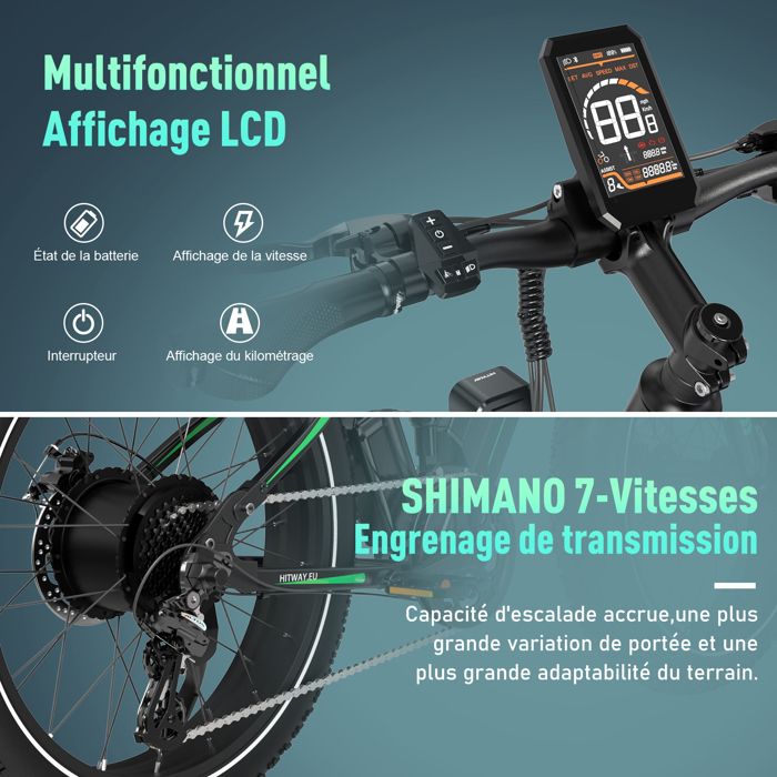 VTT électrique HITWAY BK15 – 26×3.0/4.0 Pouces, Batterie 48V15Ah Amovible, Moteur 250W, Autonomie 45-80 Km, 7 Vitesses – Pour Adulte