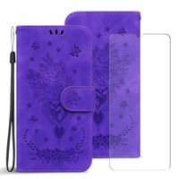 Verre trempé+Etui pour Xiaomi Redmi Note 13 Pro+, [Magnétique] Fentes Portefeuille Housse en Cuir PU,Papillon violet et roses MGHD