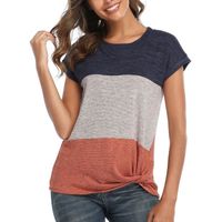 Amzbarley Color Block T-Shirts Femmes Noeud Twist Tops À Manches Courtes Dames Casual Tee Top Lounge Wear Printemps Eté Vêtements