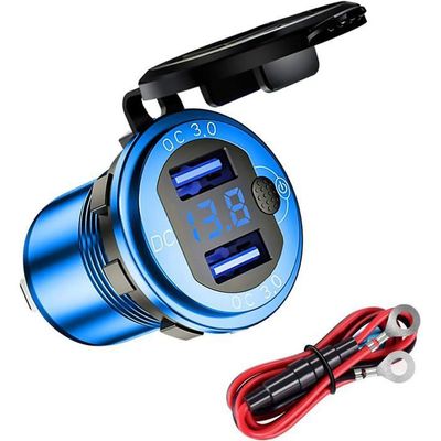 Chargeur Double USB QC3.0 Voiture/moto étanche - Alliage Aluminium - Avec Voltmètre LED Et Interrupteur - 12/24V - Pour Voiture, Bateau, VTT