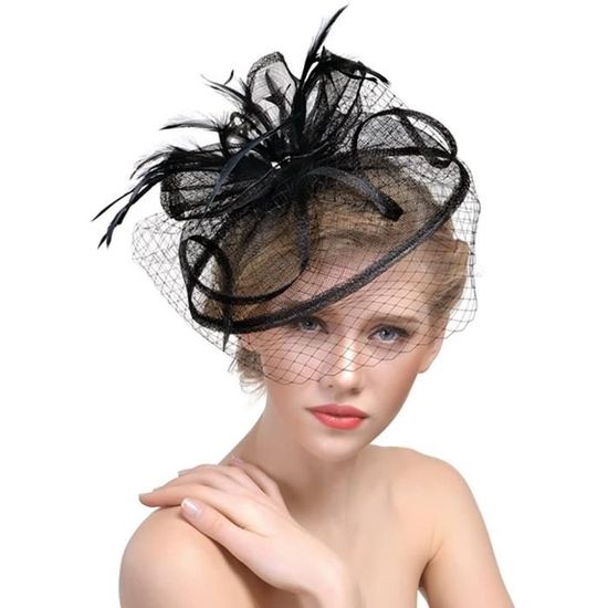 Femme Petit Chapeau Vintage Bibi Serre Tête Mariage avec Voilette Elégant Bandeau Fascinator Hat Coiffure Voile avec Plume Pin[506]