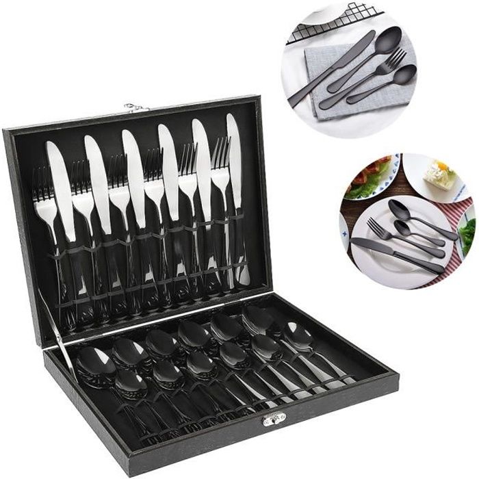 JEOBEST® Ménagère 24 Pièces en Inox - NOIR