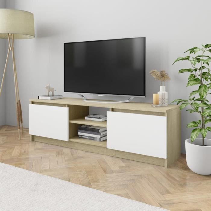 Luxueux Meuble TV Design - Meuble de rangement Meuble de Télévision Blanc et chêne sonoma 120x30x35,5 cm Aggloméré ♫45339