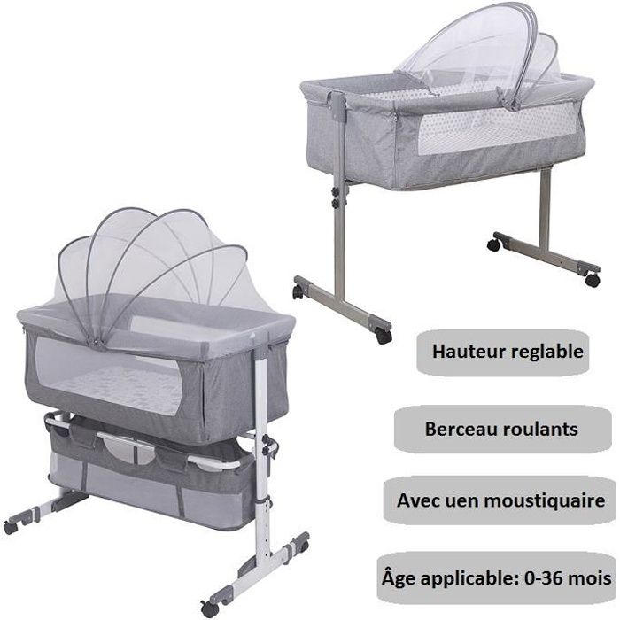 GMM® 2 en 1 Berceau Bébé Hauteur Réglable 70-87cm - Lit Cododo avec Matelas Amovible, Panier de Rangement à roulettes