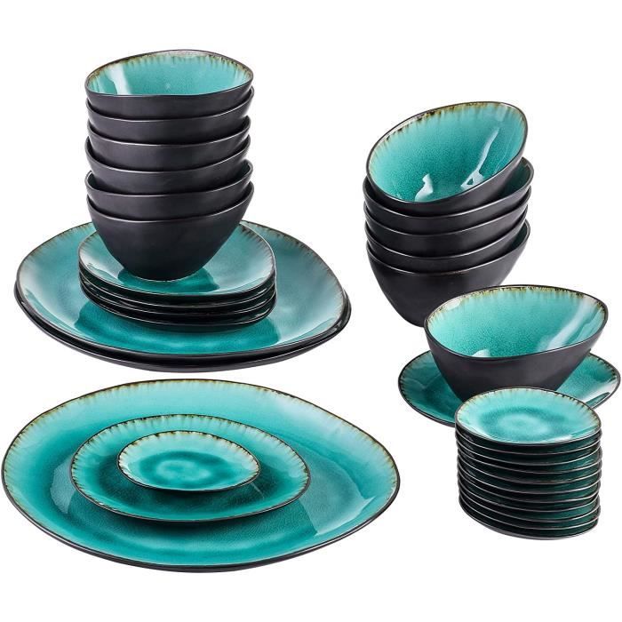 vancasso, Série Aqua, 33 Pièces Service de Table en Grès Glaçure, 9 Assiette Plate, 12 Bols à Soupe, 12 Assiette à Tapas-Turquoise