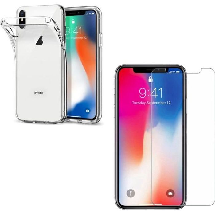 Coque silicone + film de protection plastique iPhone XS transparent souple