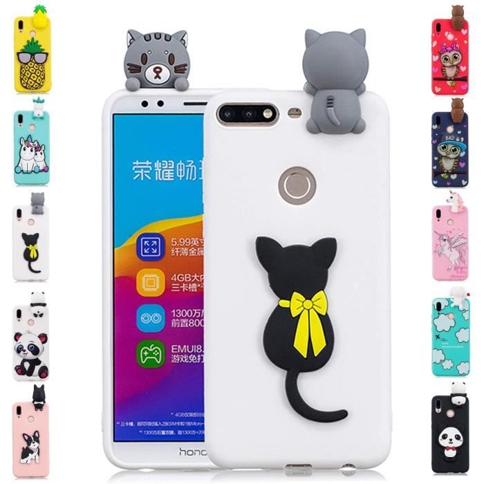 Compatible avec Coque Huawei Honor 7C - Y7 Prime 2018 - Y7 Pro 2018 Chat Noir + Blanc Kawaii Drole Fantaisie 3D Motif Dessin EM7054