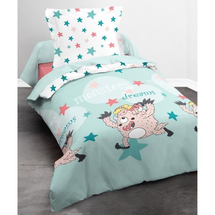 TODAY HAPPY Parure de couette Monster Dreams 100% coton - 1 housse de couette 140x200cm + 1 taie 63x63cm bleu et rose