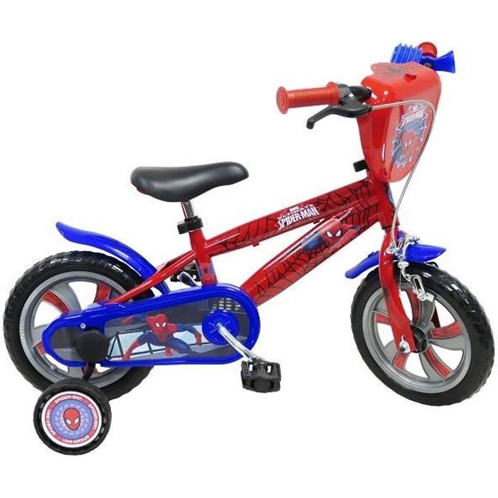 Vélo enfant 12'' garçon Spiderman / Marvel équipé de 1 frein, 2 stabilisateurs amovibles et plaque avant décorative !