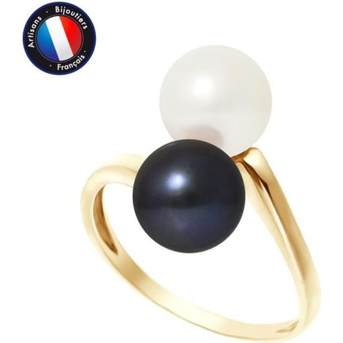 PERLINEA - Bague Véritables Perles de Culture d'Eau Douce Rondes 7-8 mm - Blanc Naturel & Black Tahiti - Or Jaune - Bijou Femme