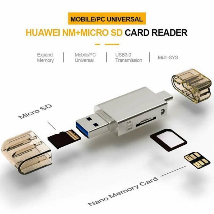 2 en 1 lecteur Type-C USB3.0 vers Micro-SD/NM Carte mémoire pour Mobile/PC Use Nano