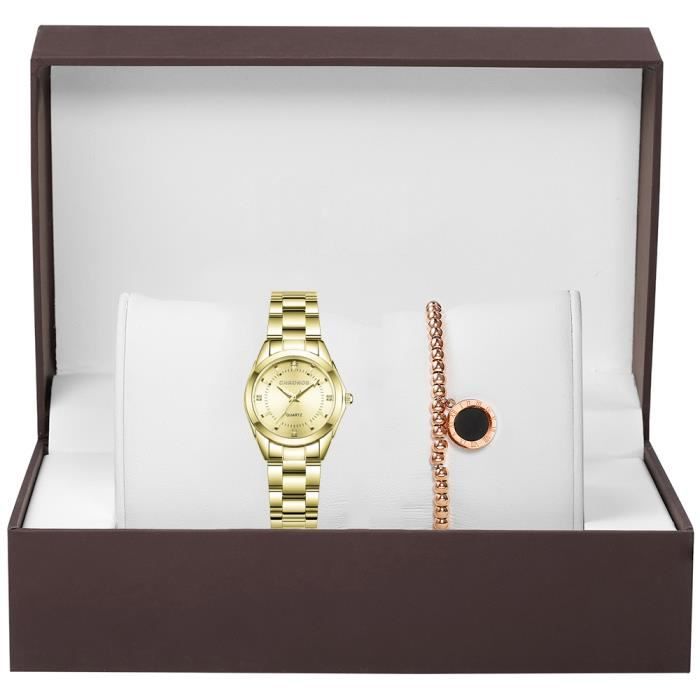 Coffret cadeau montre femme , montre à quartz élégante + bracelet de luxe, bracelet en acier inoxydable - or