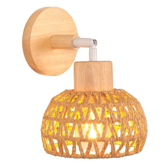 IDEGU Applique Murale Intérieure Rétro Lampe Murale en Rotin et Bois Ajustable Luminaire Plafonnier Style-D Rotin Brun Ø15cm