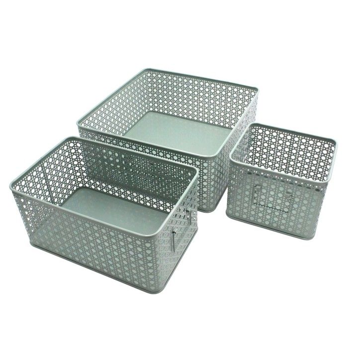 Lot de 3 Paniers de Rangement - Box and Beyond - 32 x 32 x 14 cm - Métal Vert - Étagères - Motif Cannage - Rangement Déco