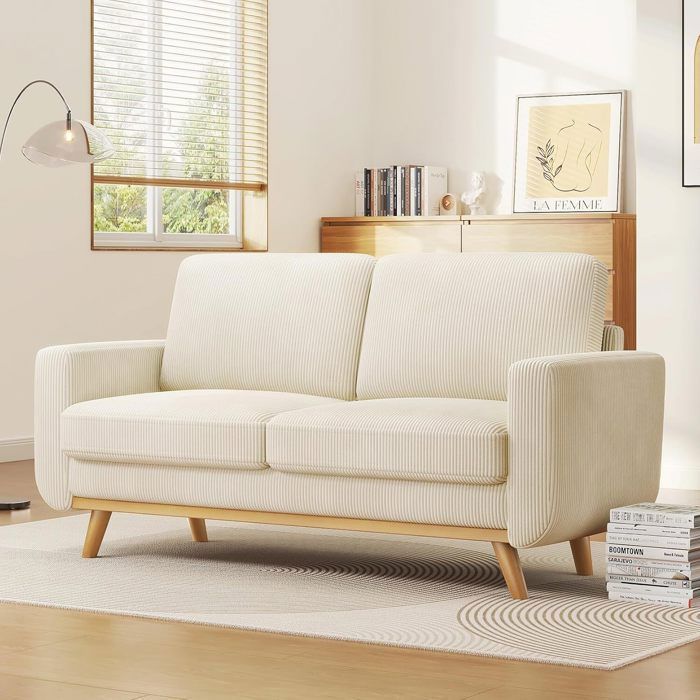 Chaise Longue Rembourrée Velours Crème - Canapé 2 Places Salon Ou Chambre - Structure Bois, Coussin Inclus