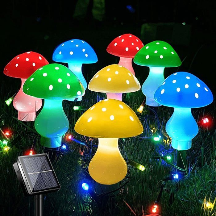 Paquet de 8 guirlandes lumineuses LED en forme de champignon 50 modes 23 pieds étanches à énergie solaire (multicolore)
