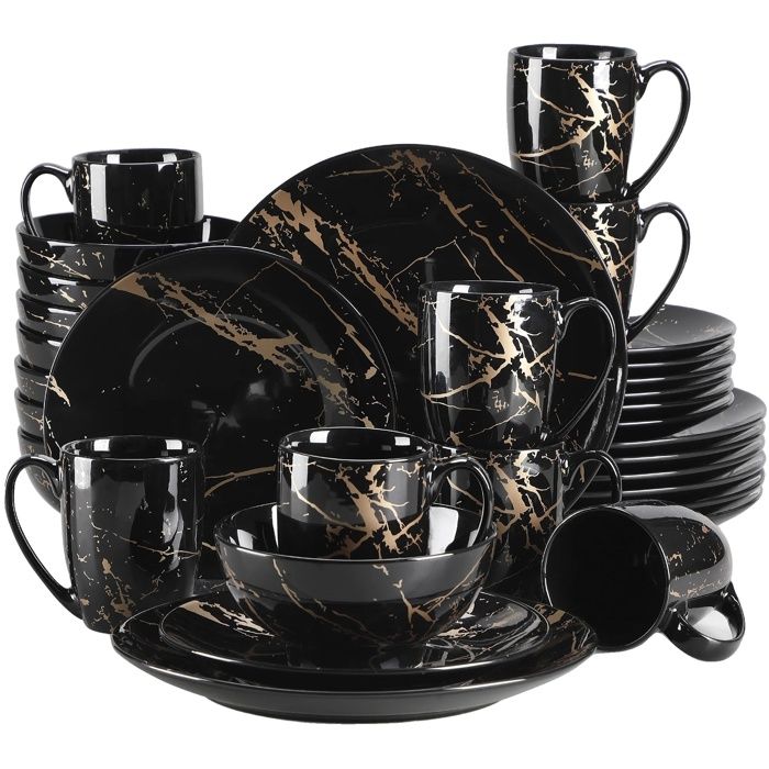 Service de vaisselle en porcelaine design élégant noir et or adapté pour 4 à 12 personnes 32-PIÈCES