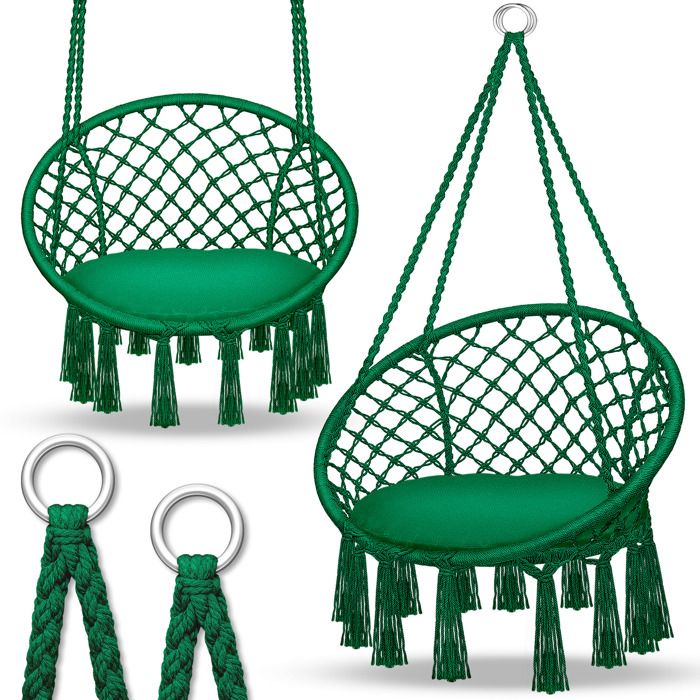 tillvex Hamac Chaise Suspendu 200kg Vert 1 coussin Chaise Relax à Franges - Intérieur et Extérieur Hamac avec