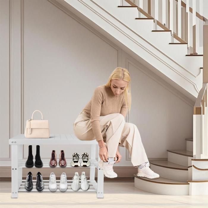 SUPFINE 2 en1 Meuble à Chaussures avec Banc en Bois dacacia Dur Robuste étagère à Chaussures 3 tablettes Rangement Armoire