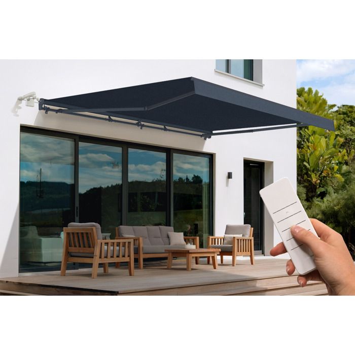 Store banne semi-coffre électrique - Cazeboo - FAZZIO - 5x3m - Toile premium 320g/m² - Gris - Anti-UV - Surface couverte 15m²