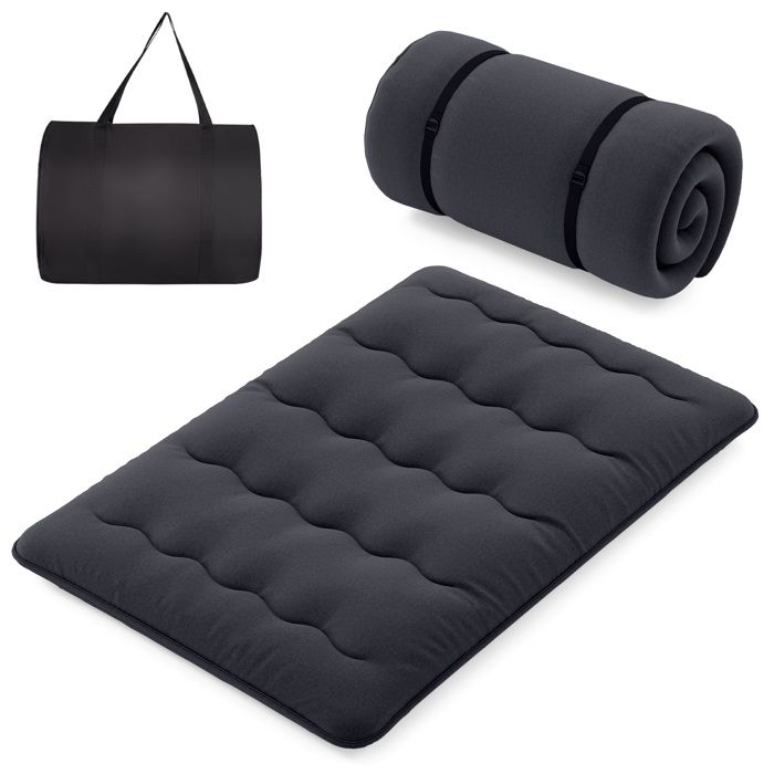 COSTWAY Matelas Futon 140 x 200 CM Surmatelas Amovible Lavable Matelas de Sol Portable avec Sac de Transport pour Camping Noir