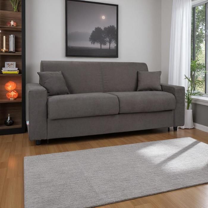 Canapé-lit 3 places en tissu gris déhoussable avec matelas - ROLEN Canapé-lit 3 places en tissu gris déhoussable avec matelas - ROLEN