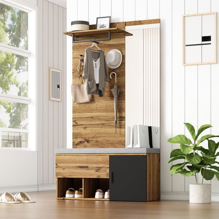 Ensemble vestiaire de 190 cm de haut en imitation bois avec miroir banc à chaussures (104 x 39 cm) avec coussin armoire à chauss
