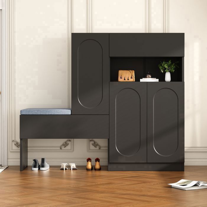 Armoire à Chaussures - Banc Rembourré - Porte à Clapet Soft-Close - Étagères Ajustables - Meuble Entrée - 130×35×110 cm - Noir