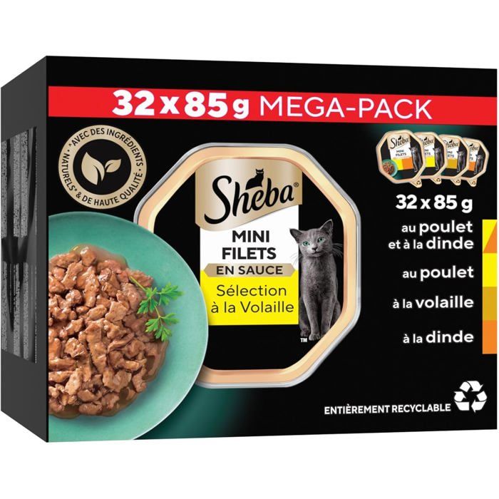 Pâtée - SHEBA - Mini Filets en Sauce Sélection à la Volaille - 4 variétés - 32x85g - Pour chat adulte Pâtée - SHEBA - Mini Filets en Sauce Sélection à la Volaille - 4 variétés - 32x85g - Pour chat adulte