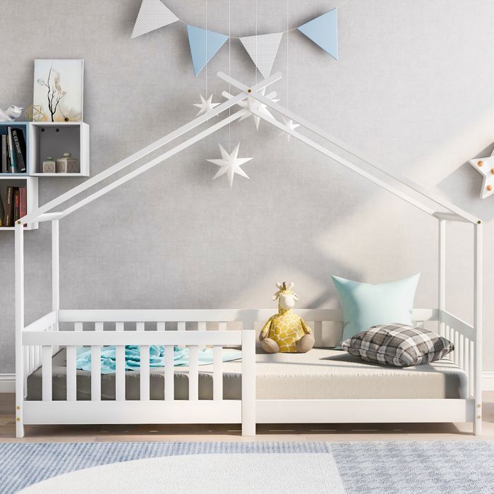 Lit Cabane 90x200cm avec BarrièRe Anti-Chute Lit enfant Unique avec Sommier à Lattes Lit enfant Rembourré Blanc