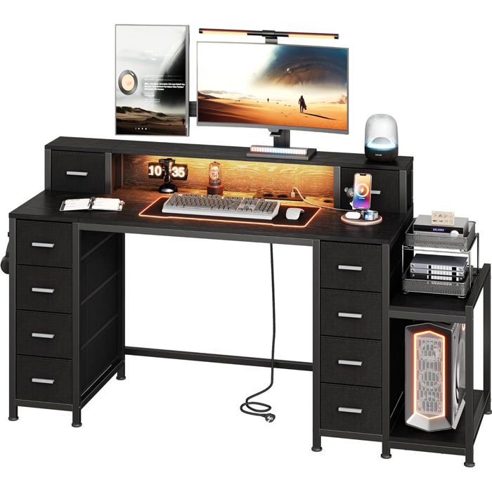 Bureau dordinateur Bureau Gaming LED 2 Prises + USB 10 tiroirs et Support pour écran pour Bureau Chambre Noir
