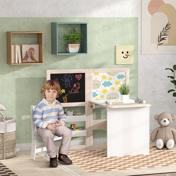 Table enfant avec chaise 3 en 1 avec chevalet pliable étagères de rangement rouleau de papier - 3 à 8 ans blanc