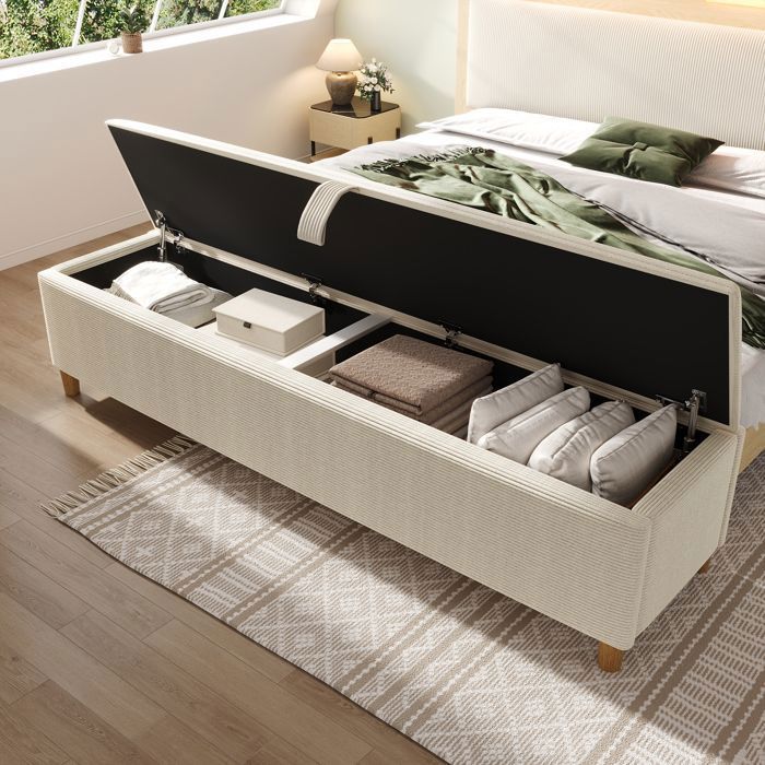 Banc de lit beige - Velours côtelé Coffre de rangement hydraulique - Charge 200kg - 145x38cm - Pour chambre salle à manger couloir