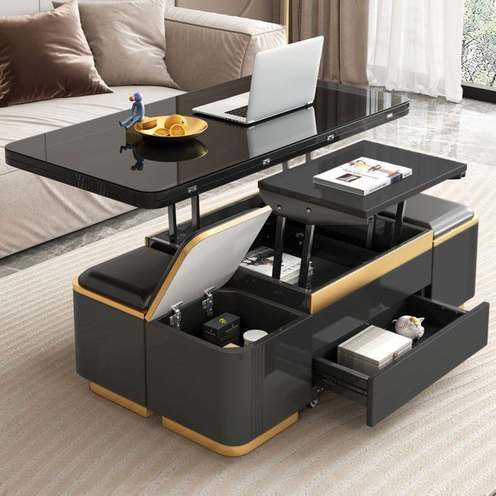 Table basse transformable relevable 3 en 1 hauteur réglable avec rangements 4 poufs coffres table à manger