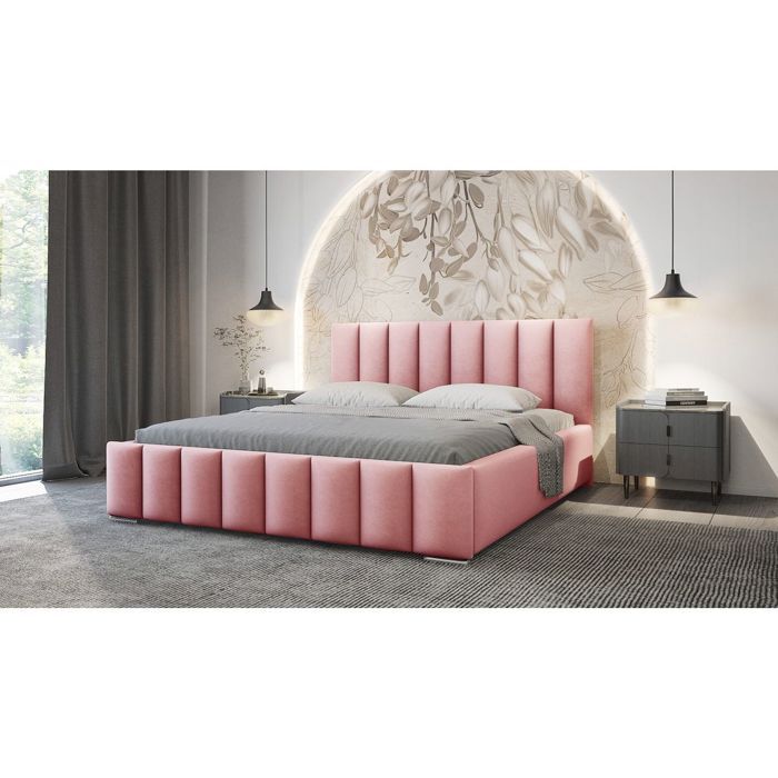 Cadre de lit avec coffre NEO en velours - Rose - Dimensions du couchage : 160 x 200 cm