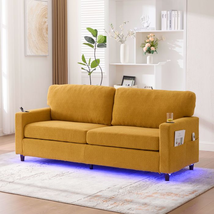 Canapé 2 places chenille jaune moutarde - USB-C éclairage LED réglable porte-gobelets style scandinave 203×775×86 cm