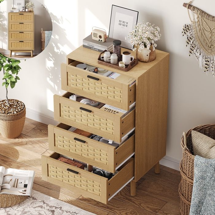 Commode - RAVAS - 4 tiroirs - Bois massif et tressage en bambou - 398 × 55 × 95 cm - style bohème - couleur chêne