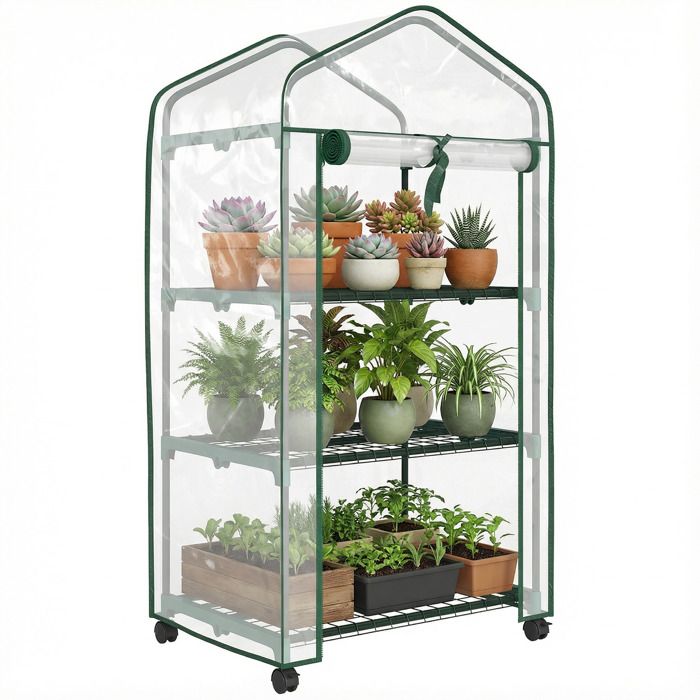Serre de jardin - Outsunny - avec étagères 3 niveaux - bâche PVC renforcée châssis en acier - porte zippée enroulable - transparent