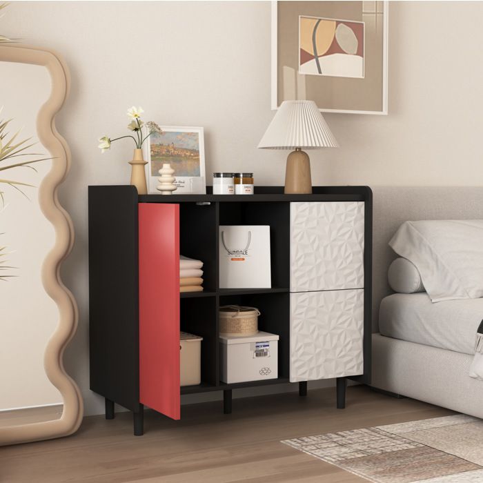 Buffet de cuisine meuble de rangement de salon avec rangement ouvert 1 portes 2 tiroirs MDF 90×40×80cm rouge