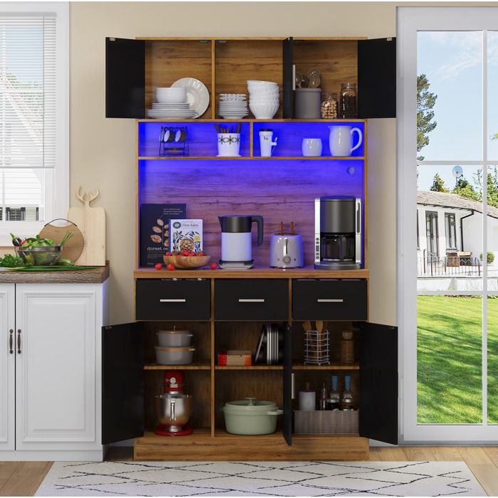 Buffet de cuisine avec LED prises USB tiroirs et rangements naturel et noir